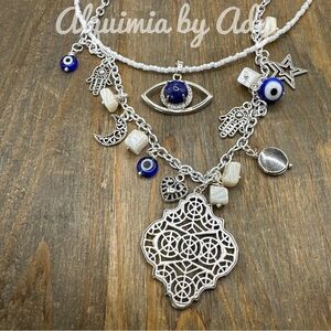 Lapis lazuli mother of pearl beaded layered multi charms maximalist necklace
